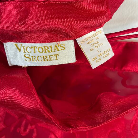 Victorias Secret Vintage Gold Label Red Burnout Floral Satin Bow Slip Dress L - Picture 8 of 9